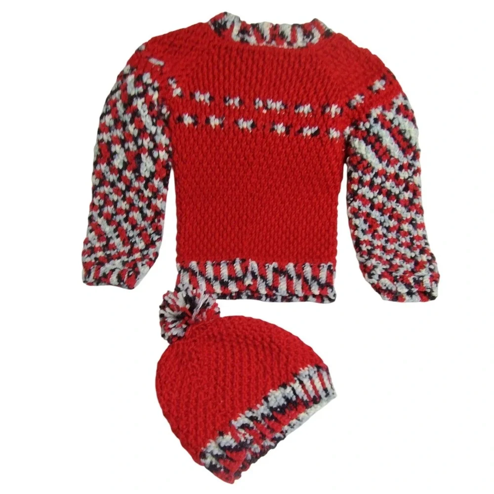 Handmade Knit‎ Sweater & Hat Set Red Multicolor Toddler Size 4T–5T Winter